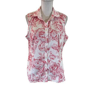 Charter Club Tailored Fit Button Up Tank Plus Size 16 Pink White Floral Pattern